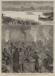 Das Oxford und Cambridge Boot-Rennen, das Presseboot im Nebel am Samstagmorgen, und das Rennen verschoben, das Rennen am Montagmorgen
